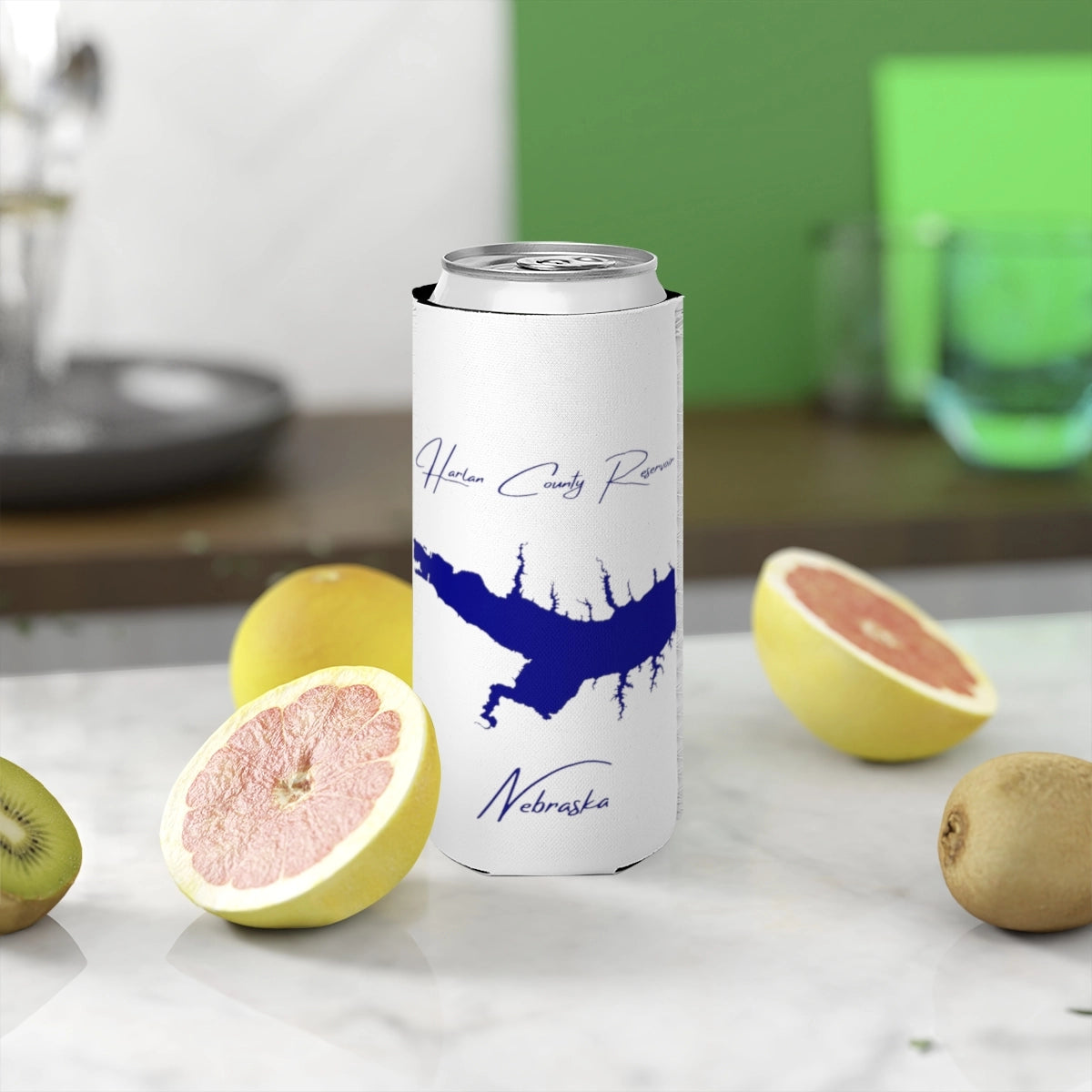 Nebraska  Harlan  County  Reservoir  Slim  Can  Koozie  front  position  view  from  context-2  white.webp