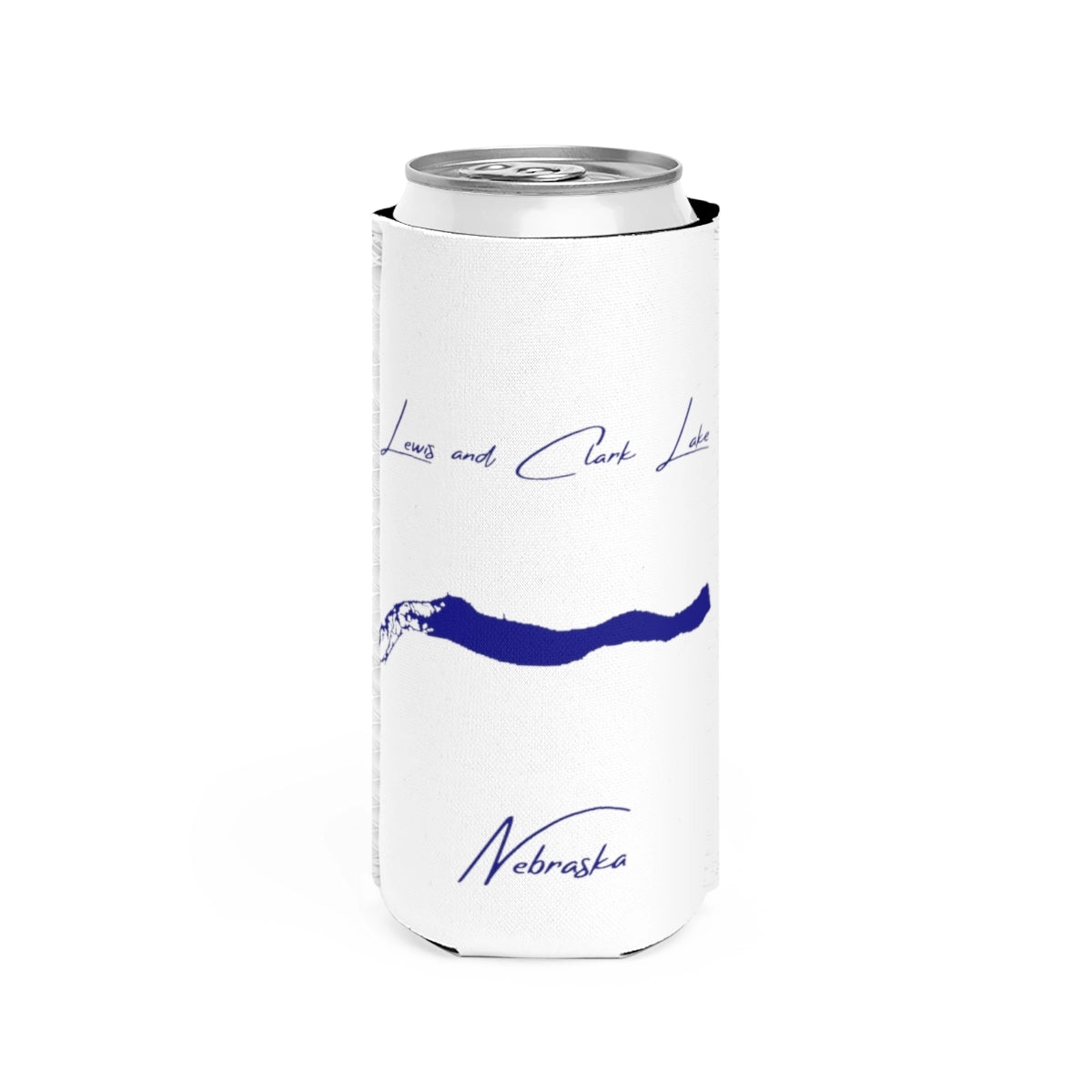 Nebraska  Lewis  and  Clark  Lake  Slim  Can  Koozie  front  position  view  from  front  white.webp