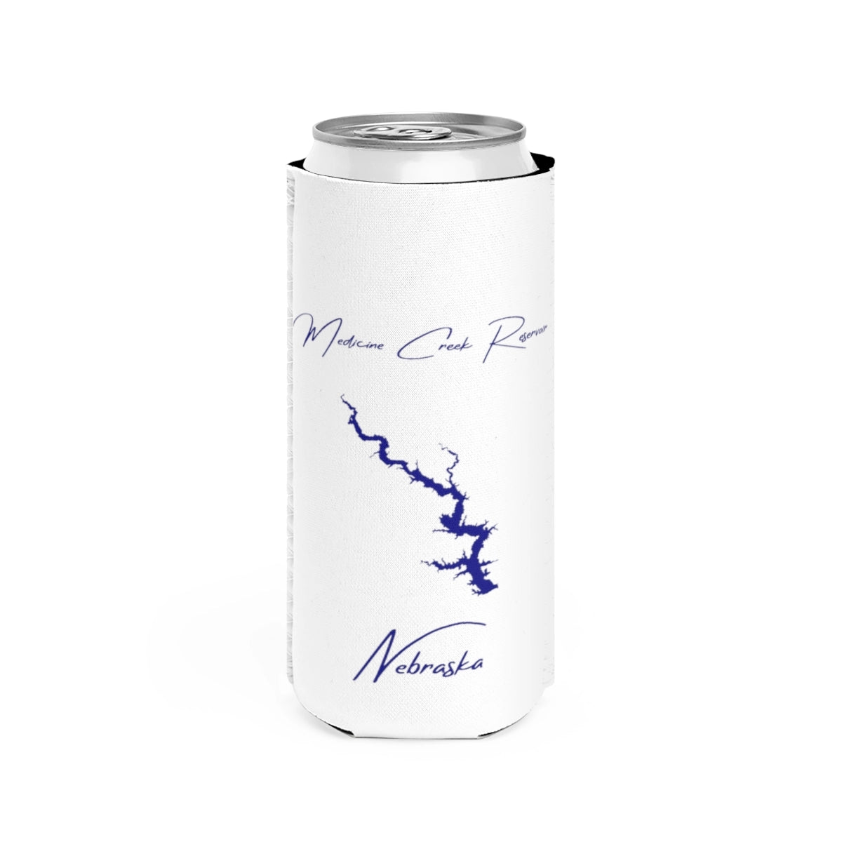 Nebraska  Medicine  Creek  Reservoir  Slim  Can  Koozie  front  position  view  from  front  white.webp