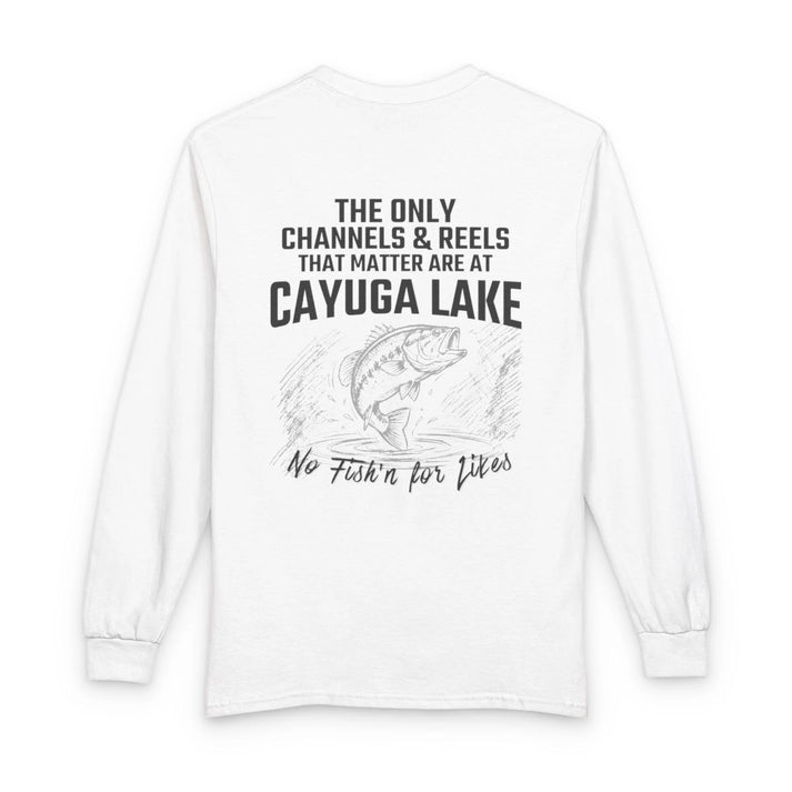 New  York  Cayuga  Lake  Long  Sleeve  Fishing  T-shirt  back  position  view  from  back  white.webp