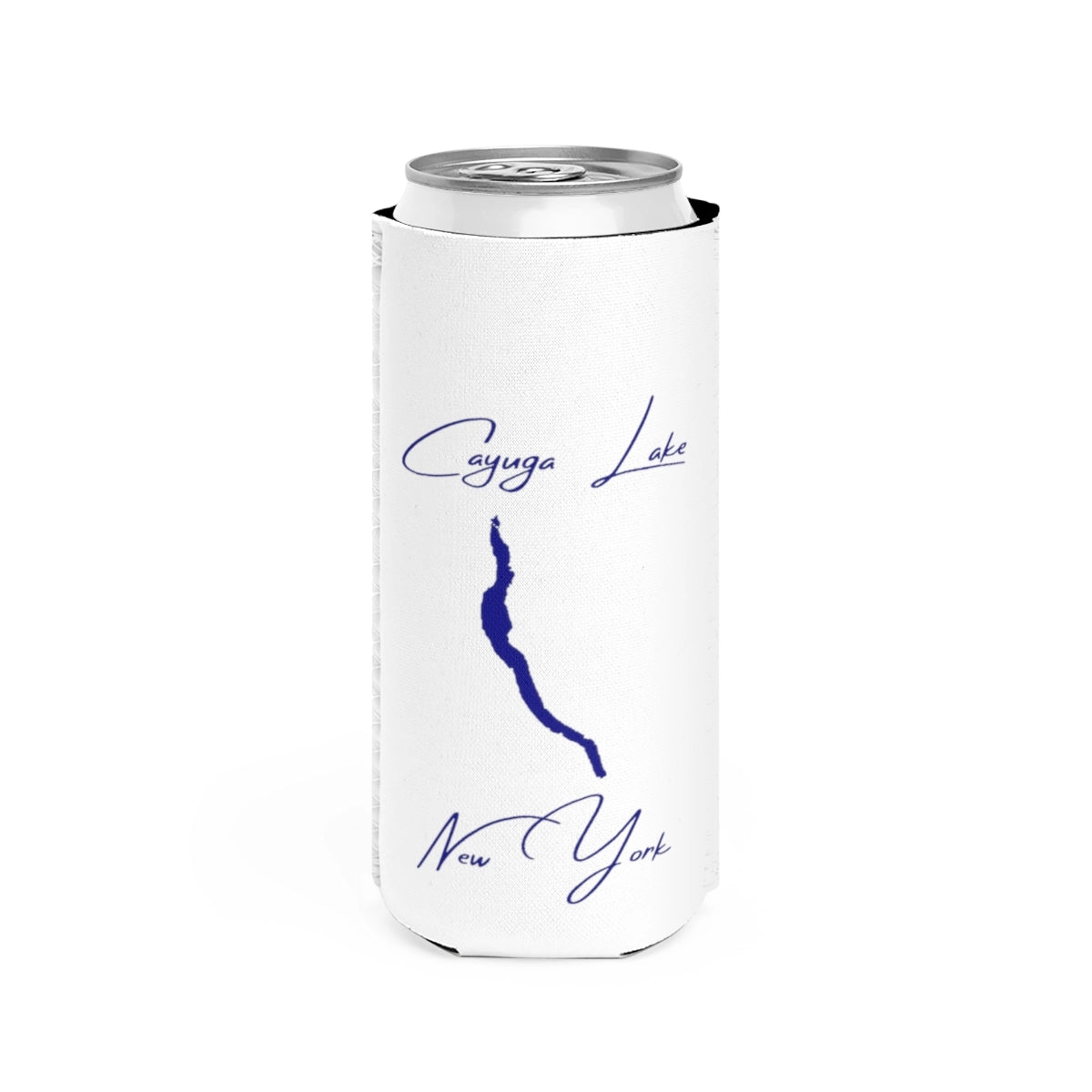 New  York  Cayuga  Lake  Slim  Can  Koozie  front  position  view  from  front  white.webp