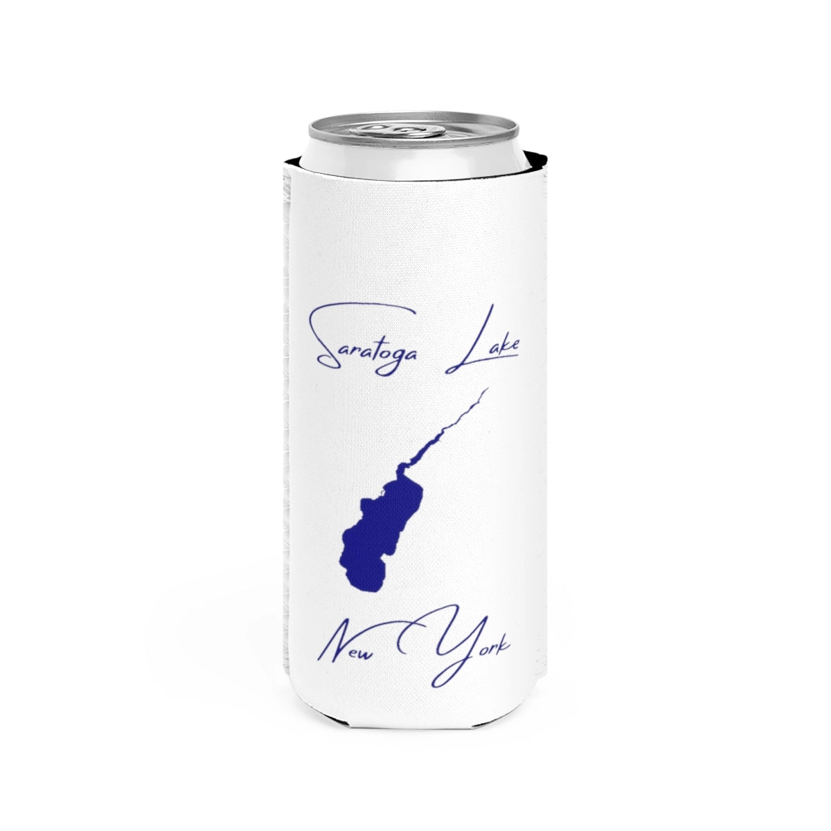New  York  Saratoga  Lake  Slim  Can  Koozie  front  position  view  from  front  white.webp