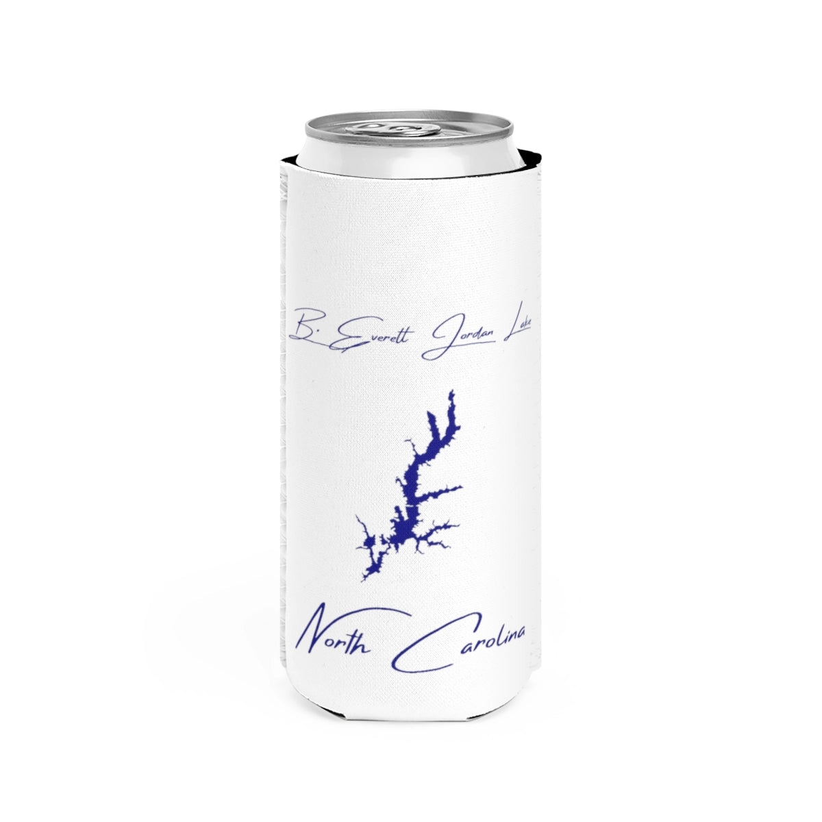 North  Carolina  B.  Everett  Jordan  Lake  Slim  Can  Koozie  front  position  view  from  front  white.webp