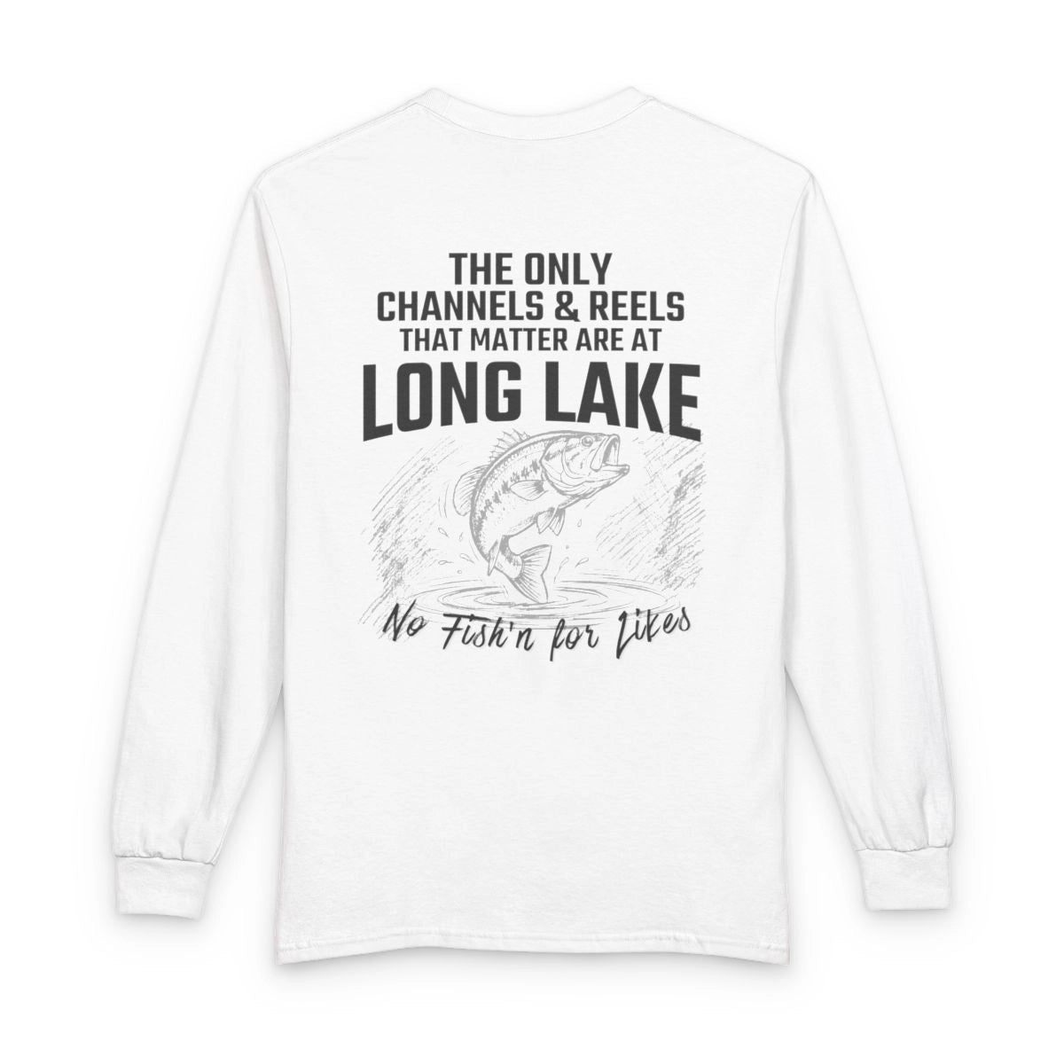 North  Dakota  Long  Lake  Long  Sleeve  Fishing  T-shirt  back  position  view  from  back  white.webp