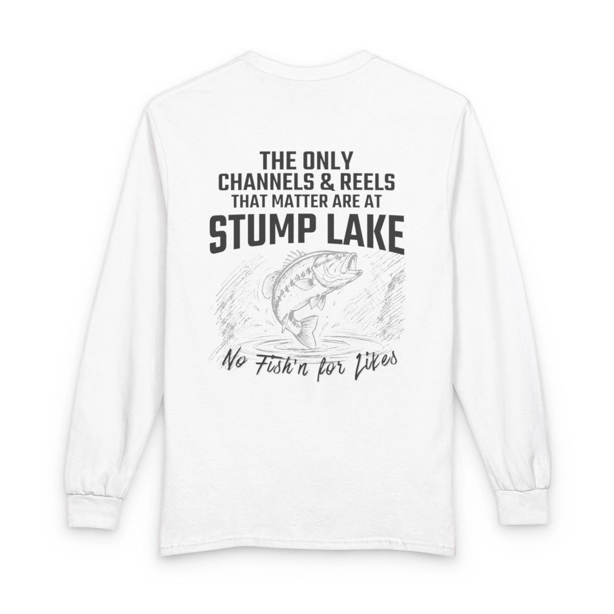 North  Dakota  Stump  Lake  Long  Sleeve  Fishing  T-shirt  back  position  view  from  back  white.webp