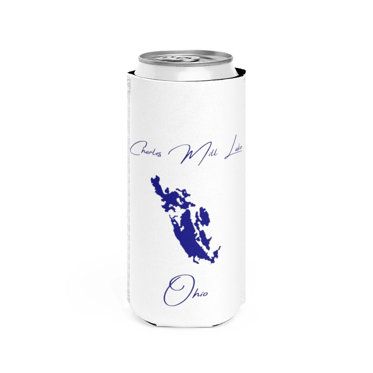 Ohio  Charles  Mill  Lake  Slim  Can  Koozie  front  position  view  from  front  white.webp