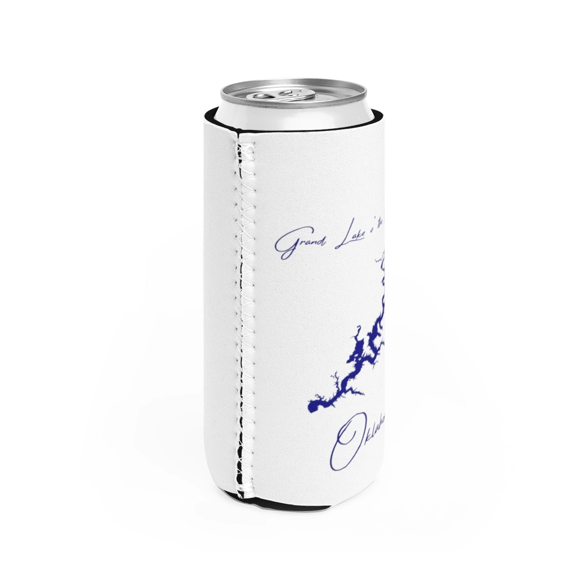 Oklahoma  Grand  Lake  o'  the  Cherokees  Slim  Can  Koozie  all  position  view  from  right  white.webp