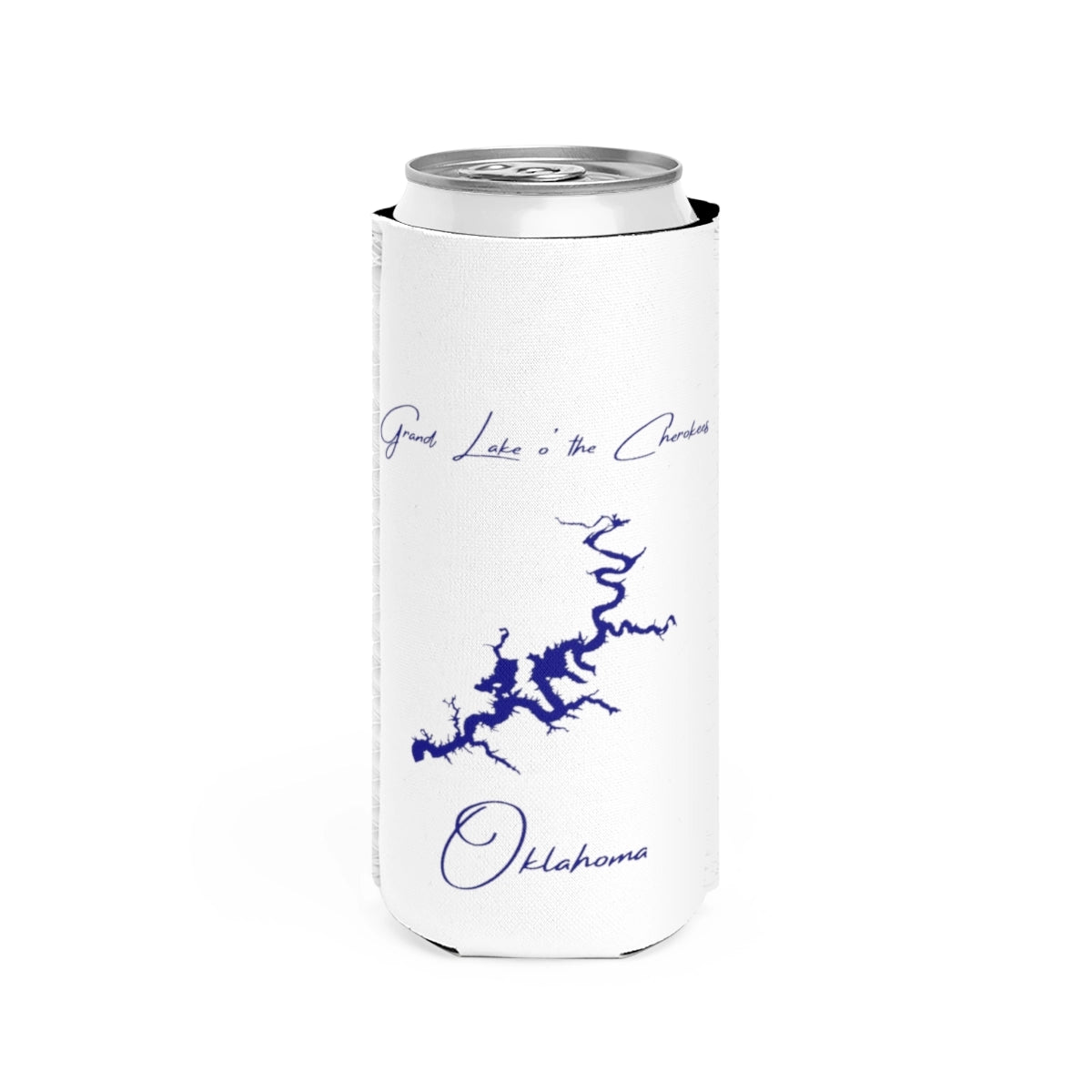 Oklahoma  Grand  Lake  o'  the  Cherokees  Slim  Can  Koozie  front  position  view  from  front  white.webp