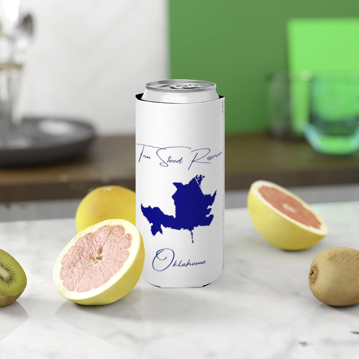 Oklahoma  Tom  Steed  Reservoir  Slim  Can  Koozie  front  position  view  from  context-2  white.webp