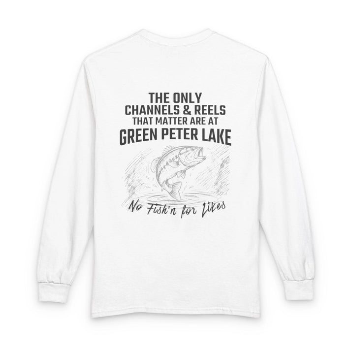Oregon  Green  Peter  Lake  Long  Sleeve  Fishing  T-shirt  back  position  view  from  back  white.webp