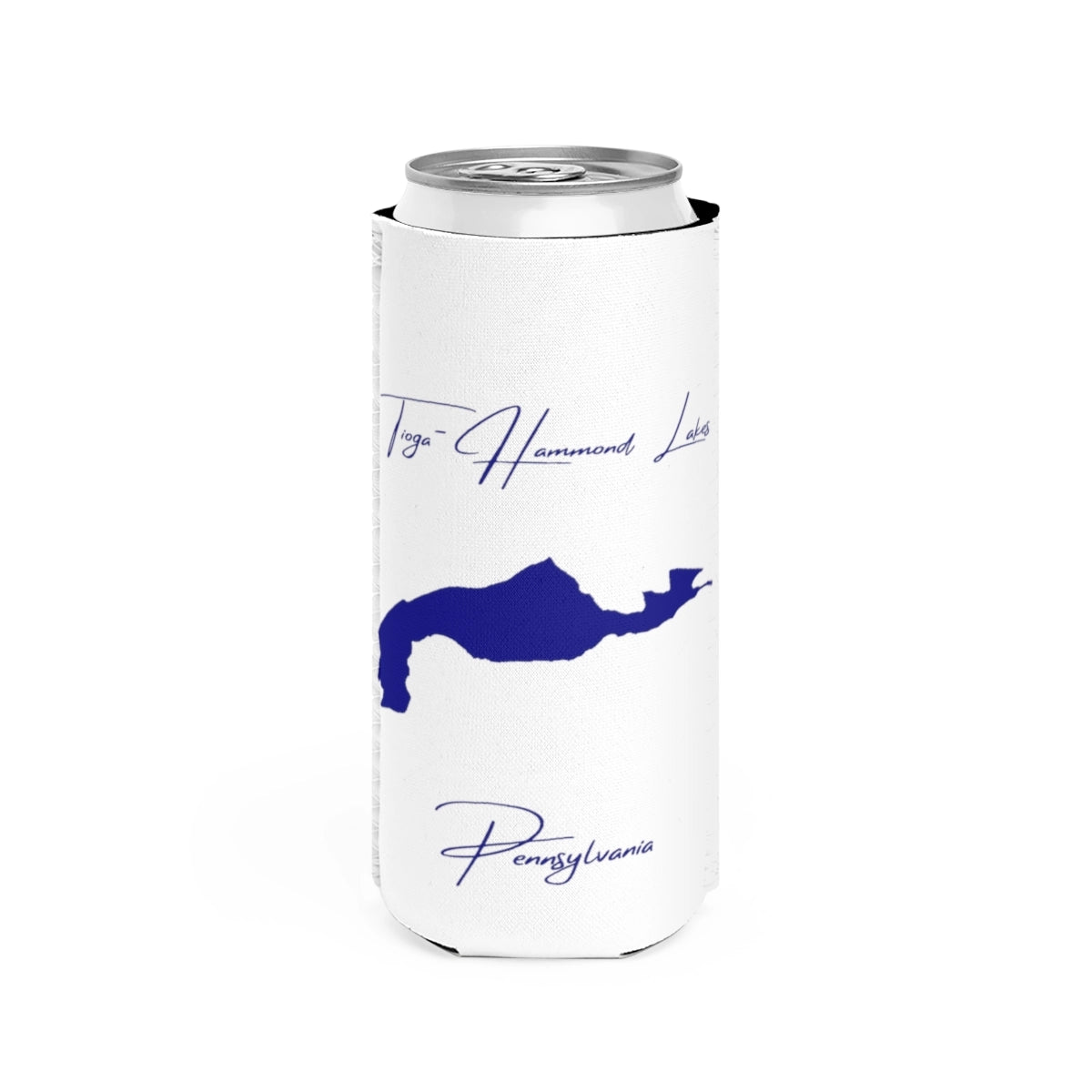 Pennsylvania  Tioga-Hammond  Lakes  Slim  Can  Koozie  front  position  view  from  front  white.webp