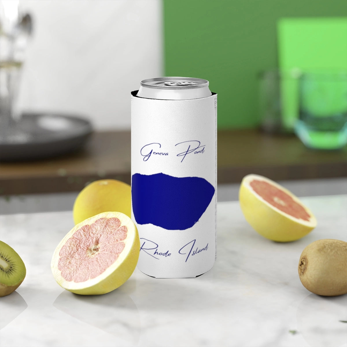 Rhode  Island  Geneva  Pond  Slim  Can  Koozie  front  position  view  from  context-2  white.webp