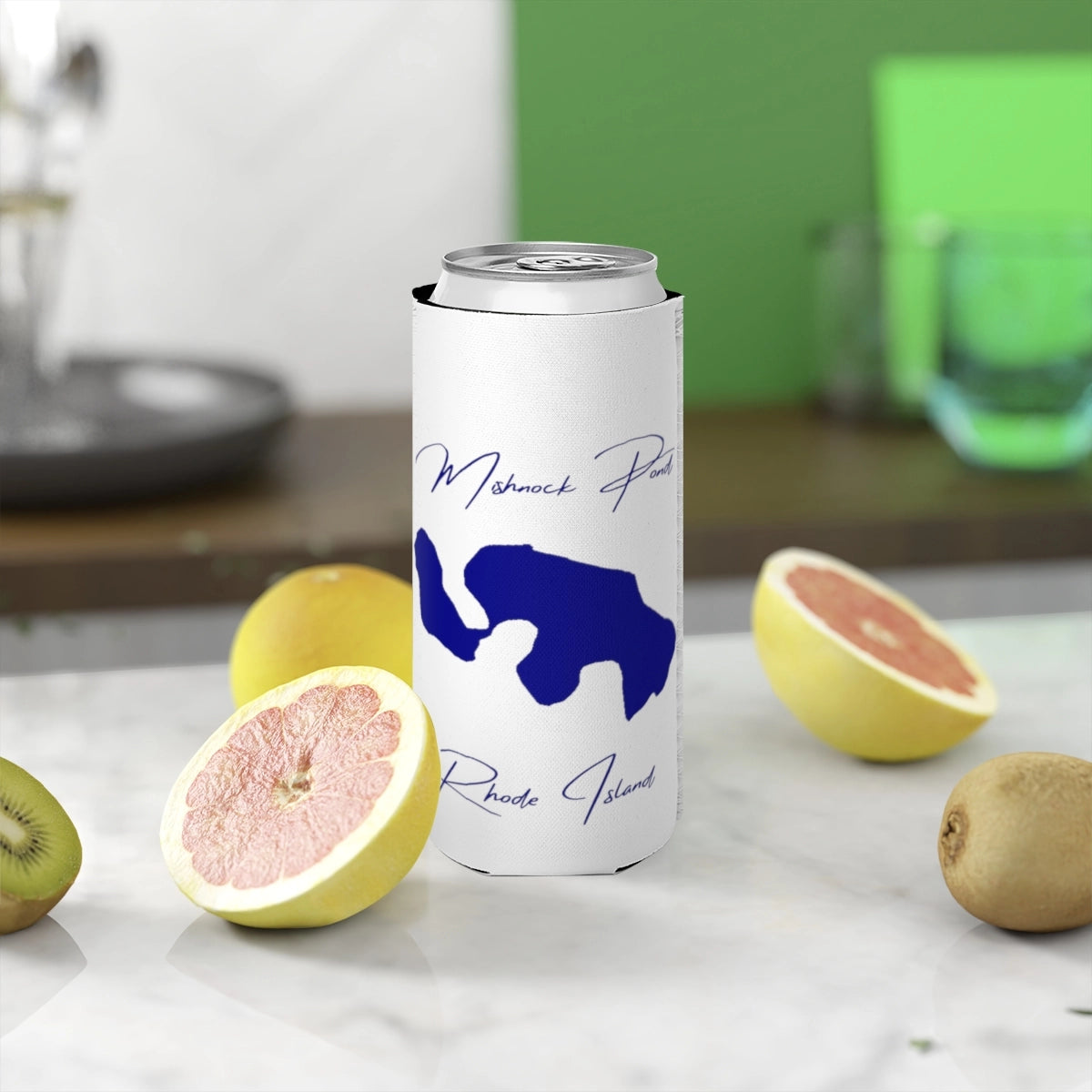 Rhode  Island  Mishnock  Pond  Slim  Can  Koozie  front  position  view  from  context-2  white.webp