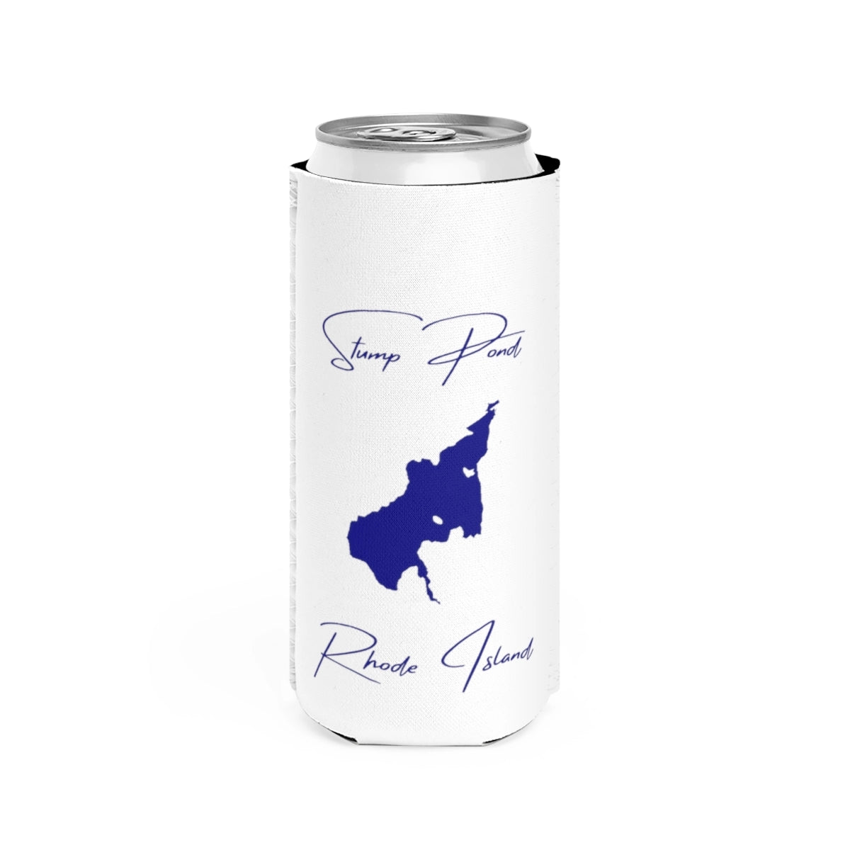 Rhode  Island  Stump  Pond  Slim  Can  Koozie  front  position  view  from  front  white.webp