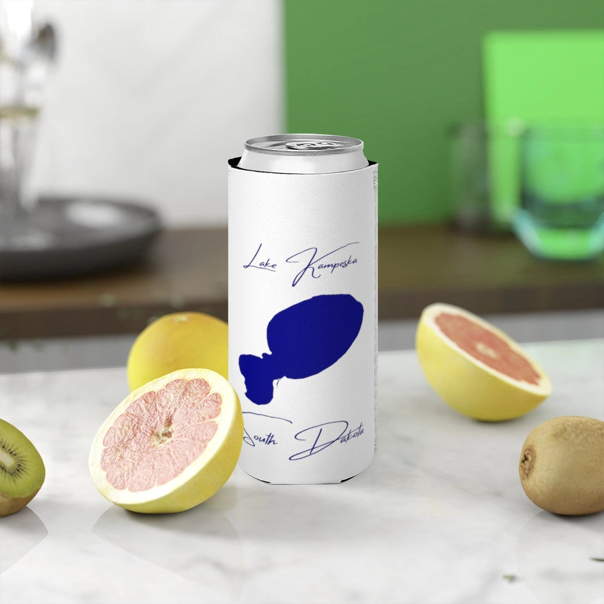 South  Dakota  Lake  Kampeska  Slim  Can  Koozie  front  position  view  from  context-2  white.webp