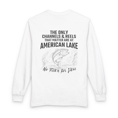 Washington  American  Lake  Long  Sleeve  Fishing  T-shirt  back  position  view  from  back  white.webp
