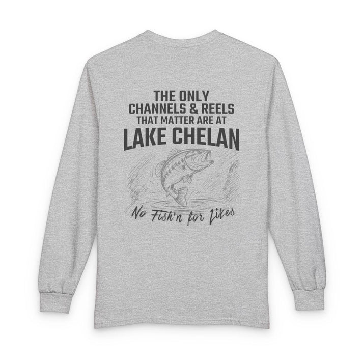 Washington  Lake  Chelan  Long  Sleeve  Fishing  T-shirt  back  position  view  from  back  sport  grey.webp