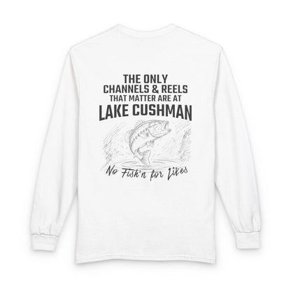 Washington  Lake  Cushman  Long  Sleeve  Fishing  T-shirt  back  position  view  from  back  white.webp