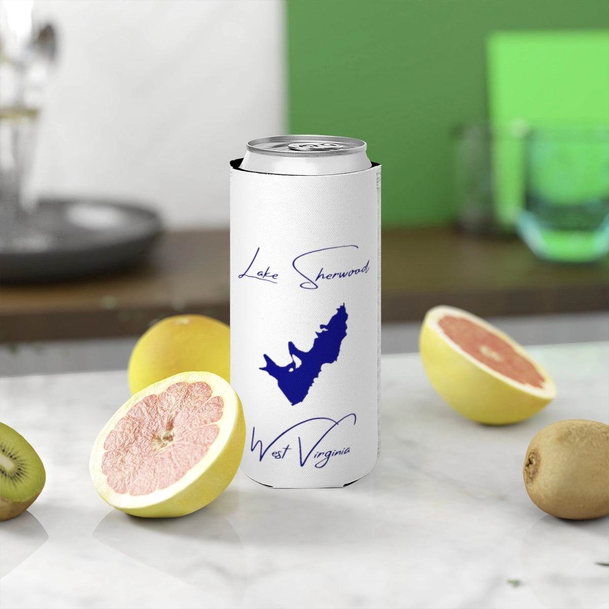 West  Virginia  Lake  Sherwood  Slim  Can  Koozie  front  position  view  from  context-2  white.webp