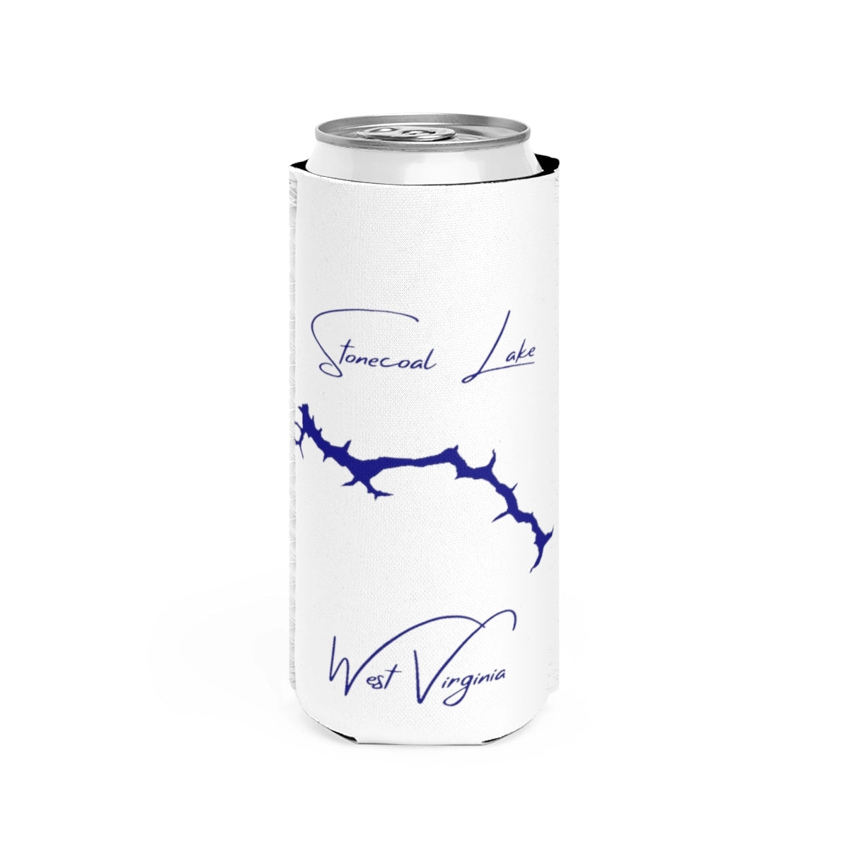 West  Virginia  Stonecoal  Lake  Slim  Can  Koozie  front  position  view  from  front  white.webp