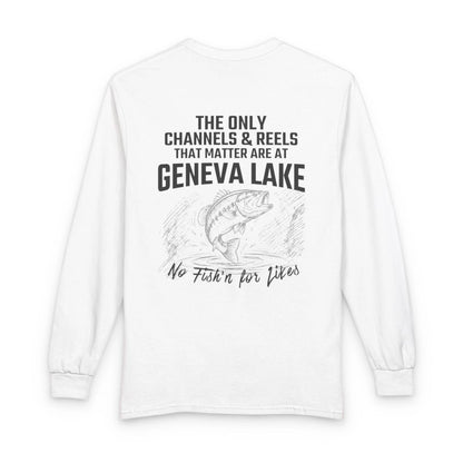 Wisconsin  Geneva  Lake  Long  Sleeve  Fishing  T-shirt  back  position  view  from  back  white.webp