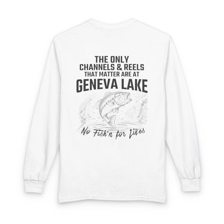 Wisconsin  Geneva  Lake  Long  Sleeve  Fishing  T-shirt  back  position  view  from  back  white.webp