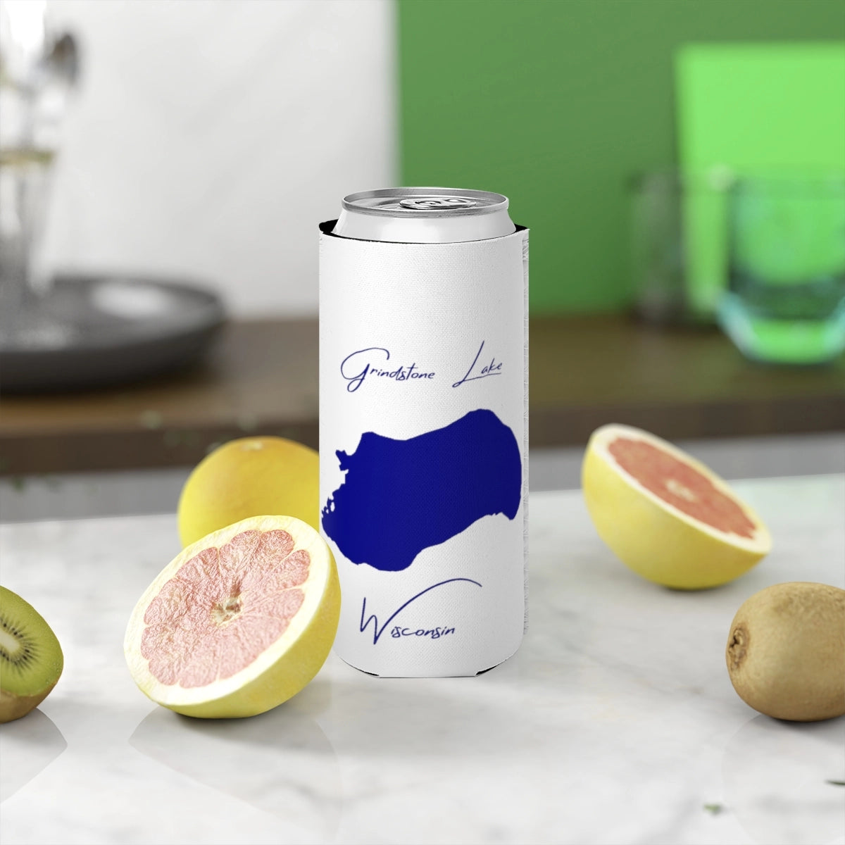 Wisconsin  Grindstone  Lake  Slim  Can  Koozie  front  position  view  from  context-2  white.webp