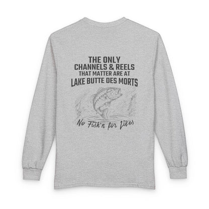 Wisconsin  Lake  Butte  des  Morts  Long  Sleeve  Fishing  T-shirt  back  position  view  from  back  sport  grey.webp