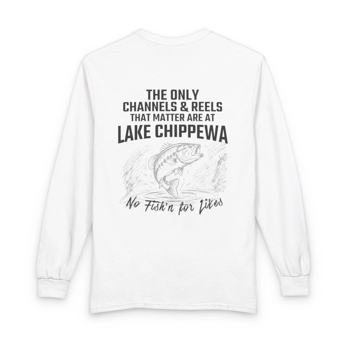 Wisconsin  Lake  Chippewa  Long  Sleeve  Fishing  T-shirt  back  position  view  from  back  white.webp
