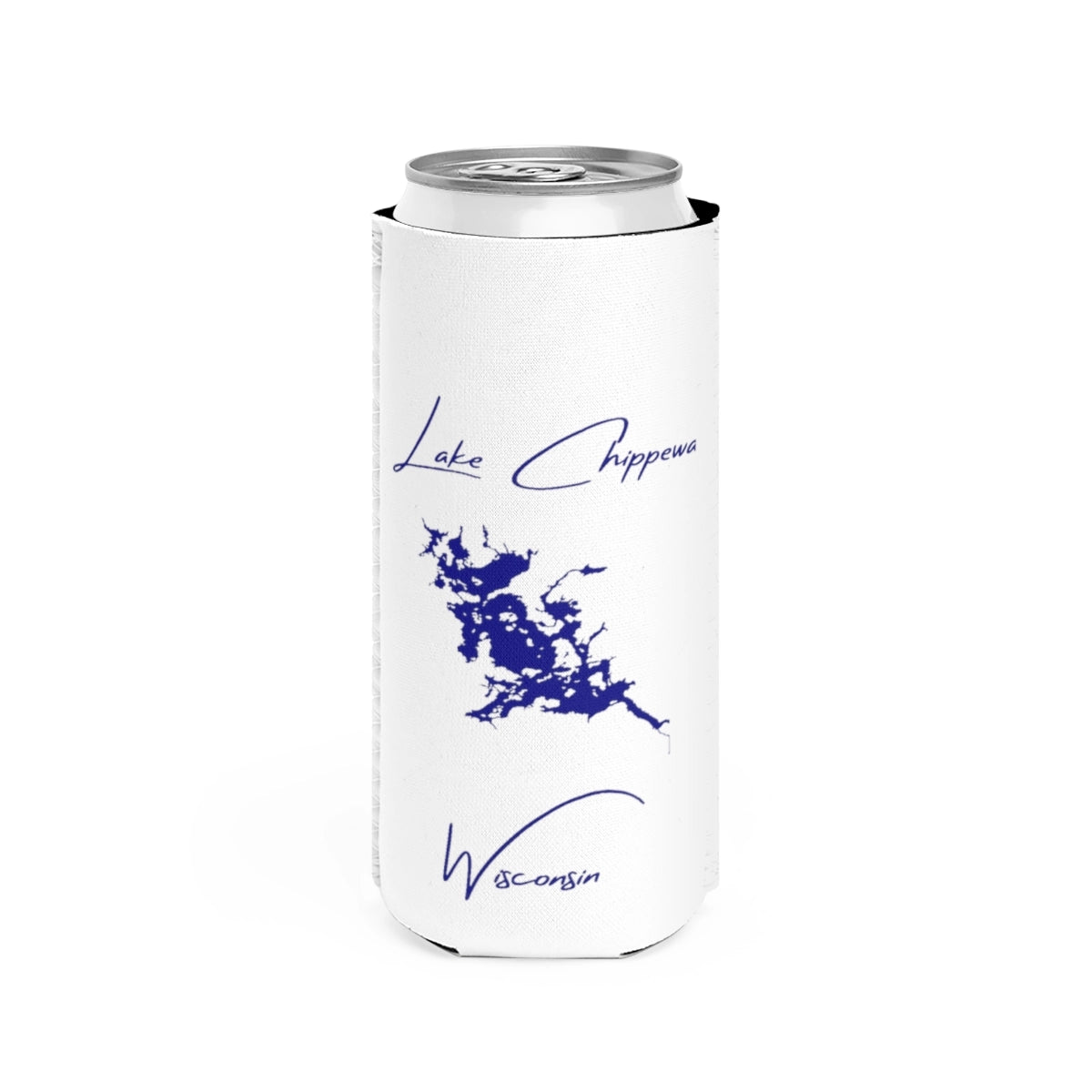 Wisconsin  Lake  Chippewa  Slim  Can  Koozie  front  position  view  from  front  white.webp