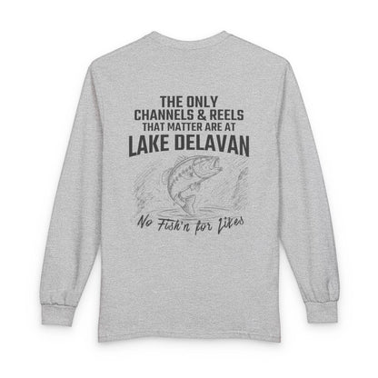 Wisconsin  Lake  Delavan  Long  Sleeve  Fishing  T-shirt  back  position  view  from  back  sport  grey.webp