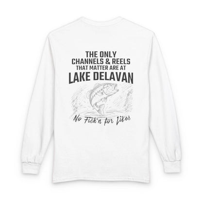 Wisconsin  Lake  Delavan  Long  Sleeve  Fishing  T-shirt  back  position  view  from  back  white.webp