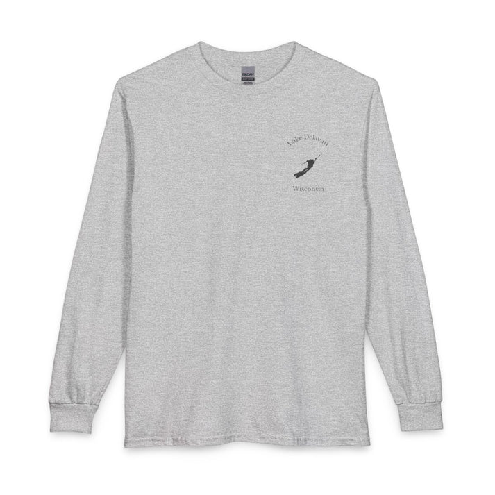 Wisconsin  Lake  Delavan  Long  Sleeve  Fishing  T-shirt  front  position  view  from  front  sport  grey.webp