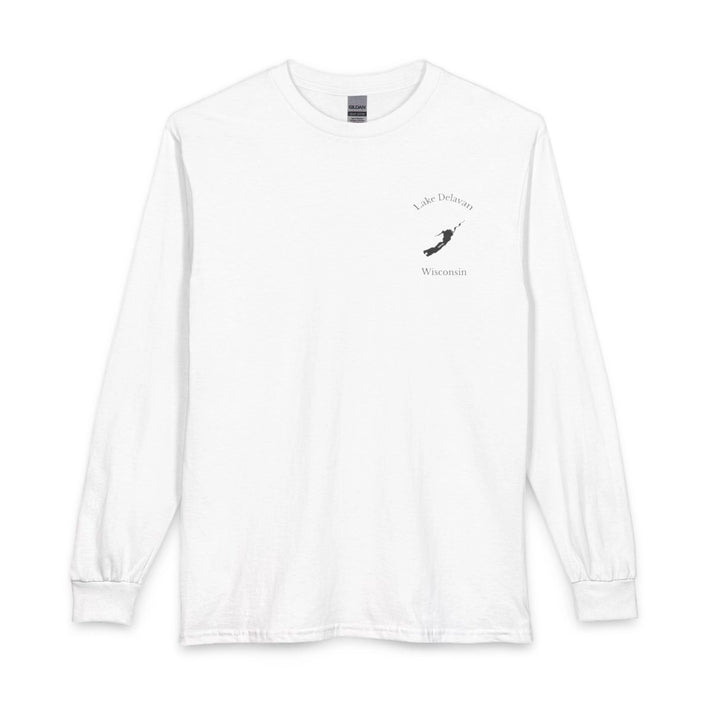 Wisconsin  Lake  Delavan  Long  Sleeve  Fishing  T-shirt  front  position  view  from  front  white.webp