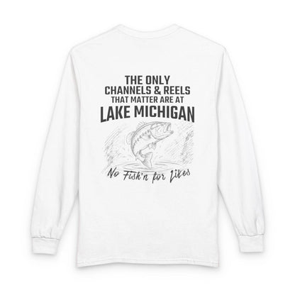 Wisconsin  Lake  Michigan  Long  Sleeve  Fishing  T-shirt  back  position  view  from  back  white.webp