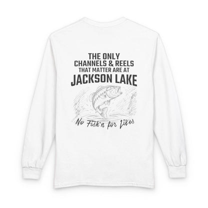 Wyoming  Jackson  Lake  Long  Sleeve  Fishing  T-shirt  back  position  view  from  back  white.webp