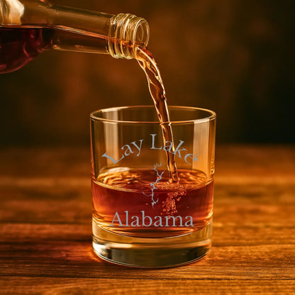 lifestyle image of Lay Lake Alabama Engraved Whiskey Glass