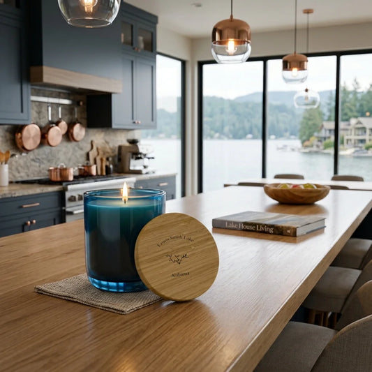 lifestyle image of Lewis Smith Lake Alabama Engraved Candle