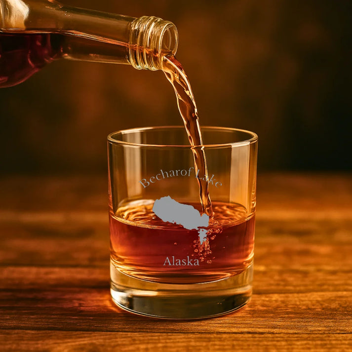 lifestyle image of Becharof Lake Alaska Engraved Whiskey Glass