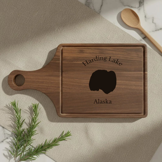 lifestyle image of Harding Lake Alaska Engraved Cutting Board