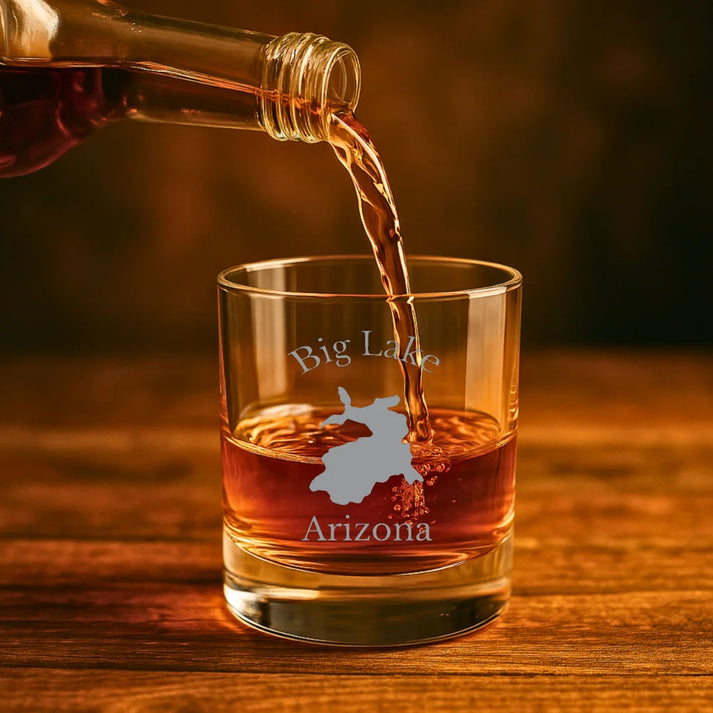 lifestyle image of Big Lake Arizona Engraved Whiskey Glass