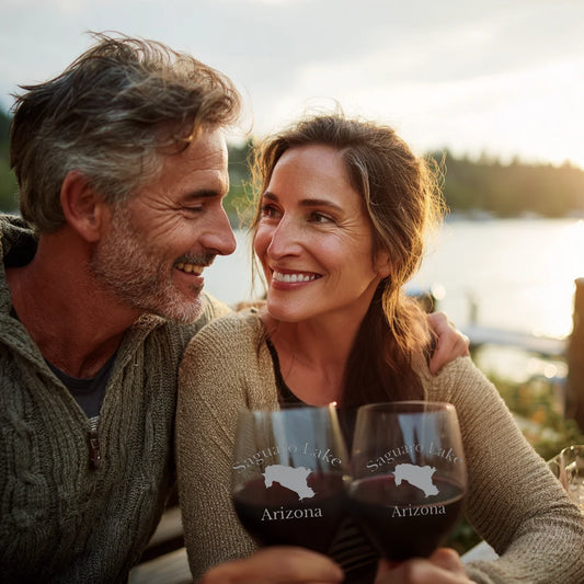 lifestyle image of Saguaro Lake Arizona Engraved Wine Glass