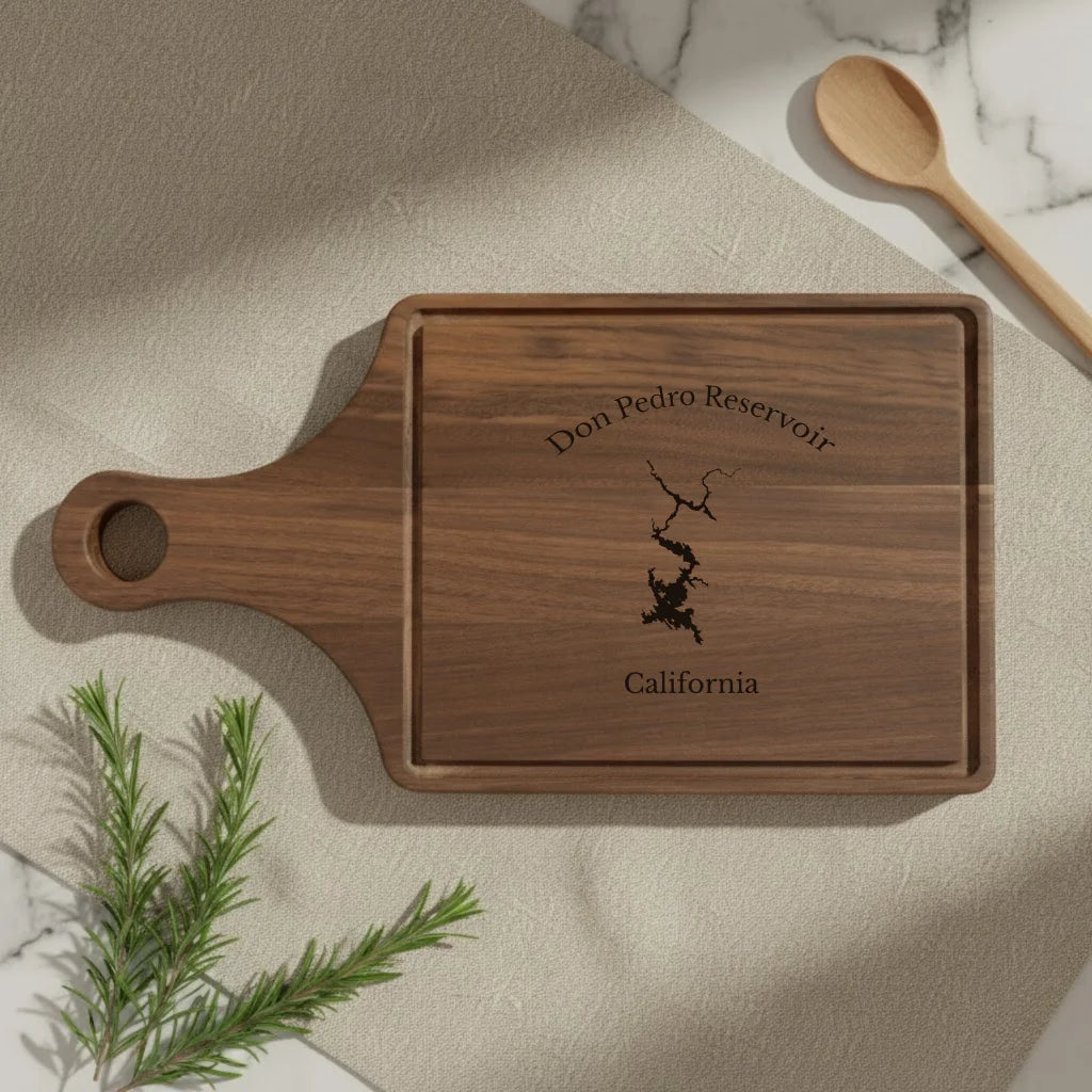 lifestyle image of Don Pedro Reservoir California Engraved Cutting Board