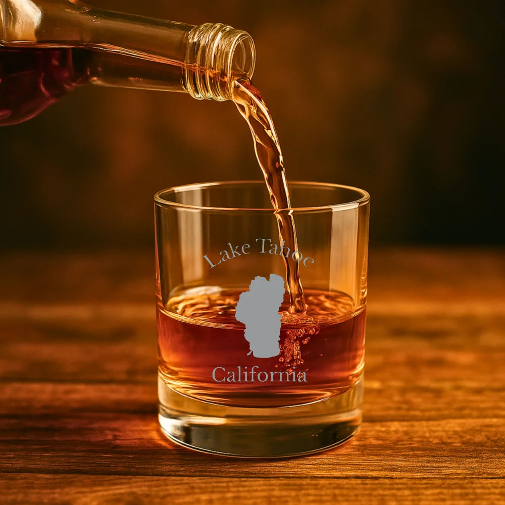 lifestyle image of Lake Tahoe California Engraved Whiskey Glass