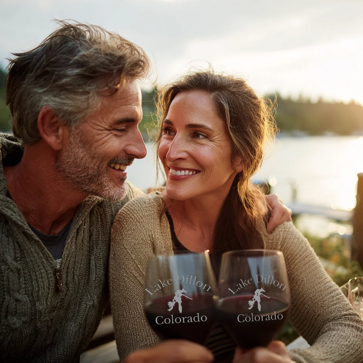 lifestyle image of Lake Dillon Colorado Engraved Wine Glass