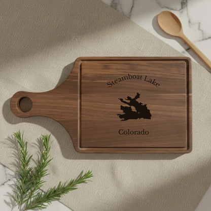 lifestyle image of Steamboat Lake Colorado Engraved Cutting Board