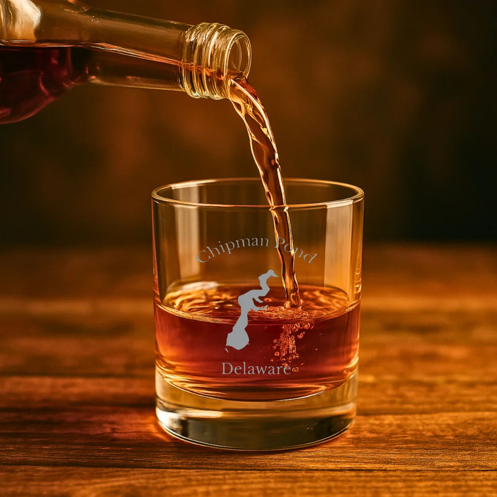 lifestyle image of Chipman Pond Delaware Engraved Whiskey Glass