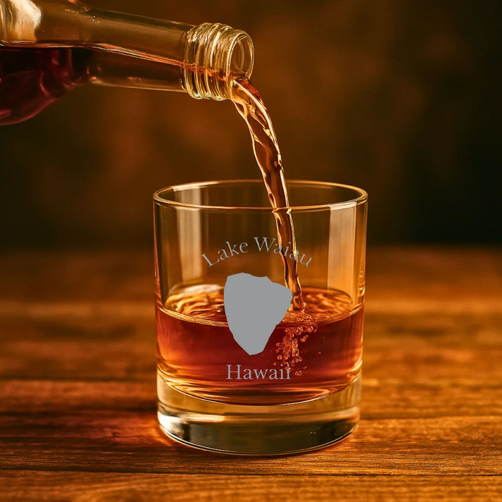 lifestyle image of Lake Waiau Hawaii Engraved Whiskey Glass