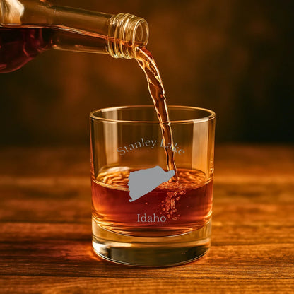 lifestyle image of Stanley Lake Idaho Engraved Whiskey Glass