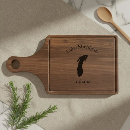 lifestyle image of Lake Michigan Indiana Engraved Cutting Board